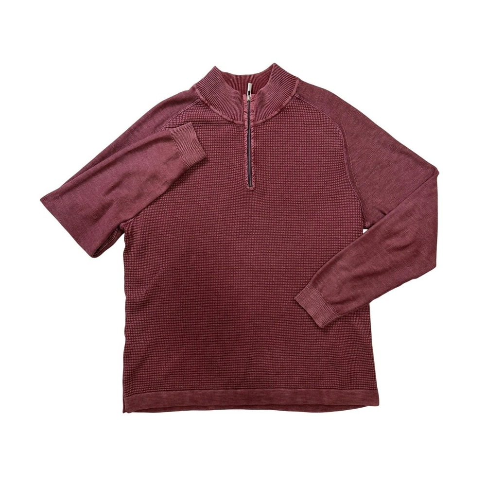 Tommy Bahama Mens Large Burgundy Waffle Knit Quarter Zip Pullover Sweater L